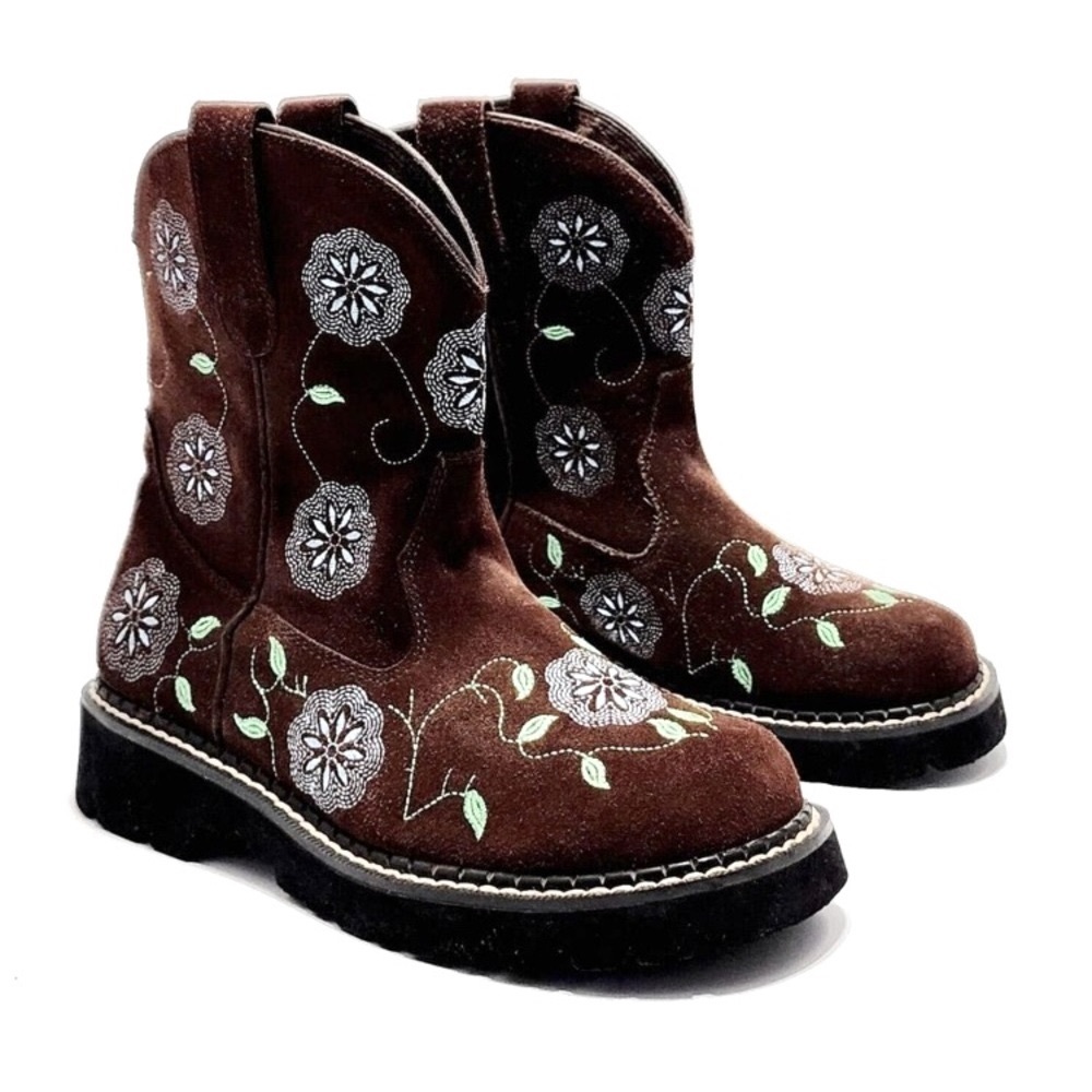 Boots ROPER Colorful Floral Brown Suede Leather Blue Green Embroidered Size 7.5